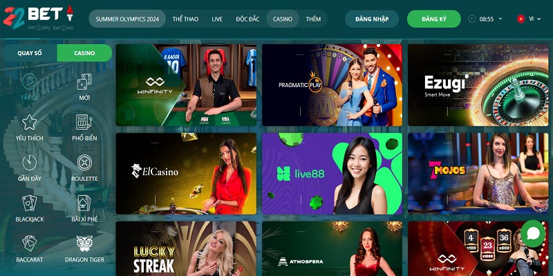 Sảnh casino 22BET thu hút một lượng lớn người chơi mỗi ngày