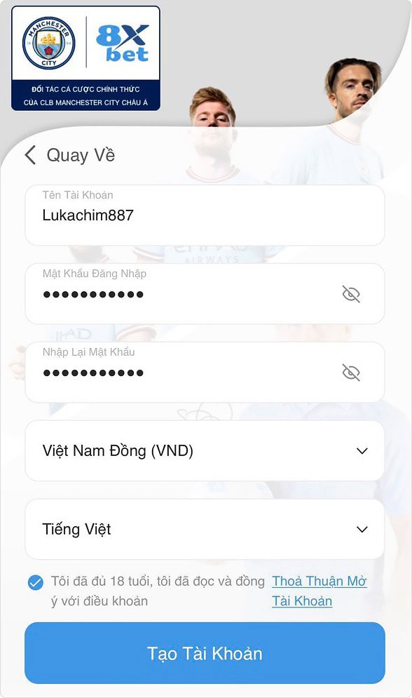 Điền thông tin tạo tài khoản 8Xbet trên di động