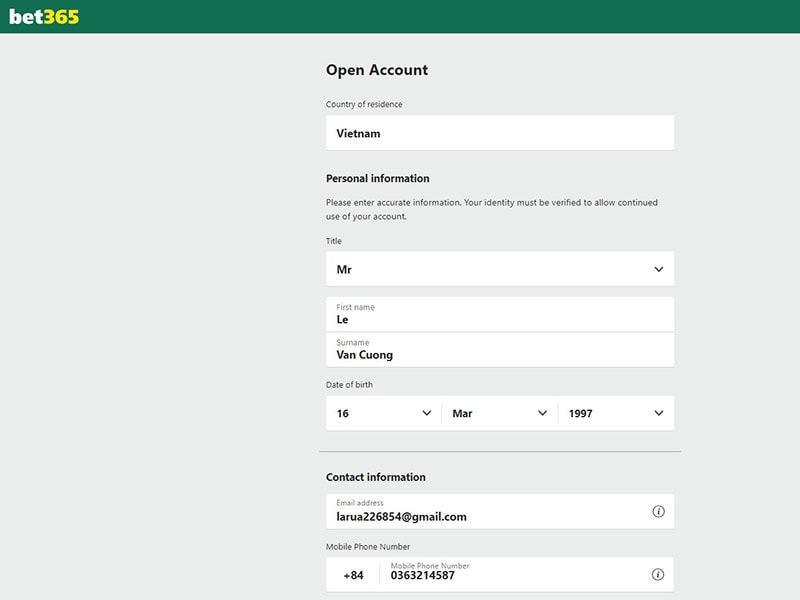 Điền thông tin cá nhân để đăng ký tài khoản bet365