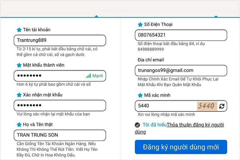 Điền thông tin cá nhân để đăng ký Hi88 trên di động