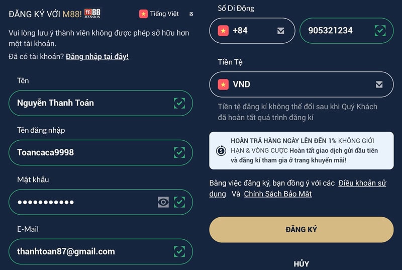 Hướng dẫn lập tài khoản m88: Các thông tin cần điền đầy đủ