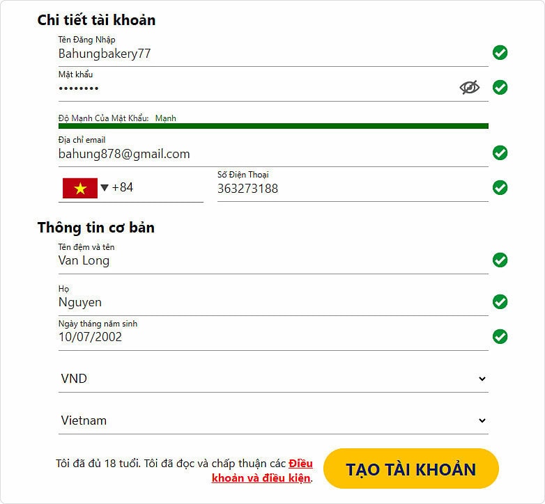 Điền thông tin đăng ký tài khoản nextbet