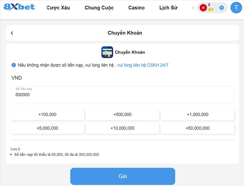 Nhập số tiền muốn nạp vào 8Xbet