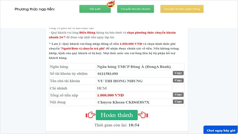 Thực hiện chuyển tiền đến tài khoản đại diện của Loto188