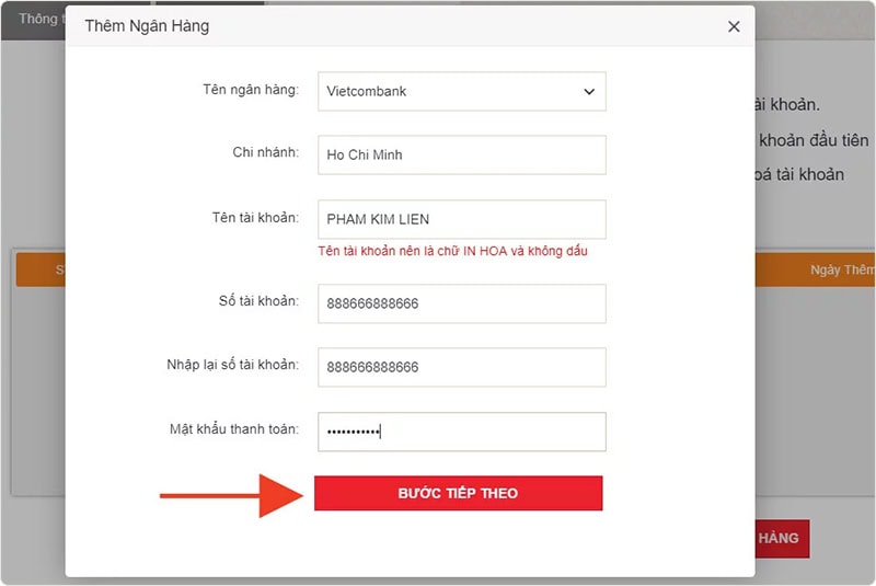 Điền thông tin tài khoản ngân hàng cá nhân