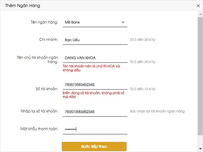 Bổ sung thông tin tài khoản ngân hàng để rút tiền Loto188
