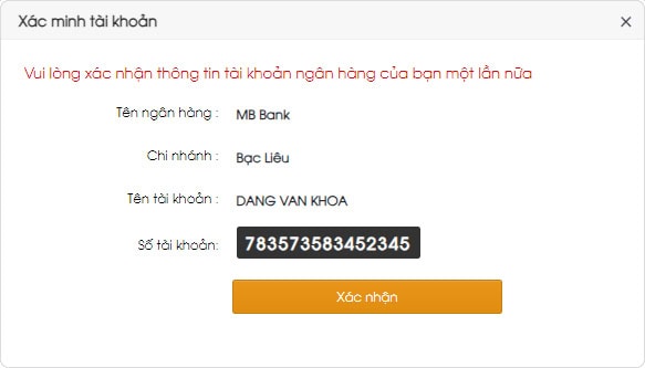 Xác nhận thông tin tài khoản ngân hàng đã đăng ký