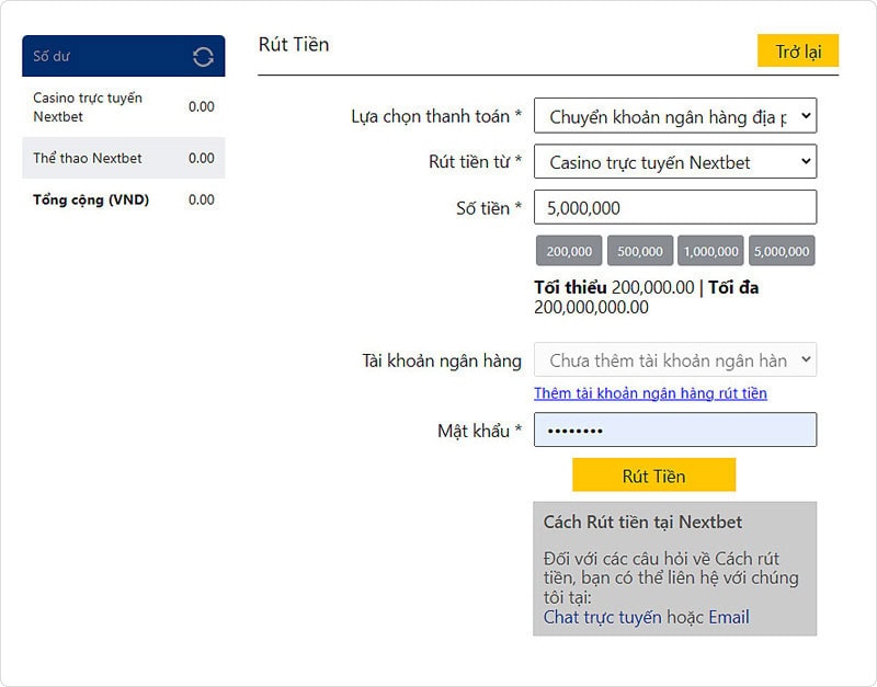 Cách rút tiền trên Nextbet thông qua ngân hàng địa phương