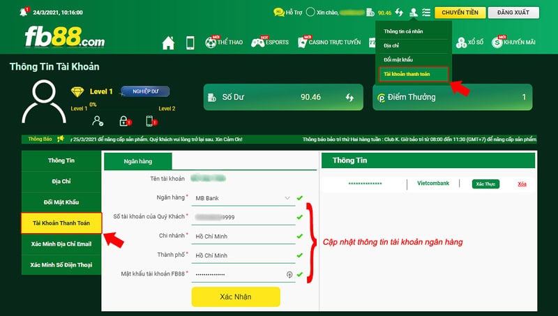 Thực hiện theo hướng dẫn rút tiền fb88: Cập nhật đầy đủ thông tin cần thiết