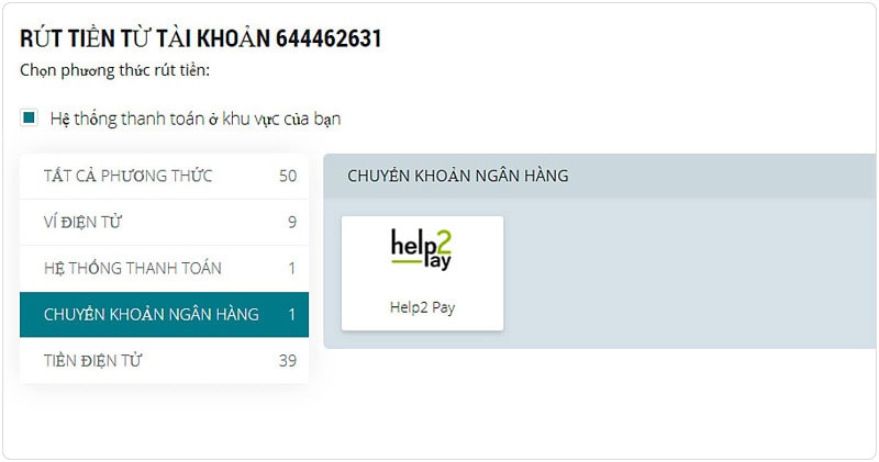 Chọn Help2 Pay thực hiện rút tiền 22Bet