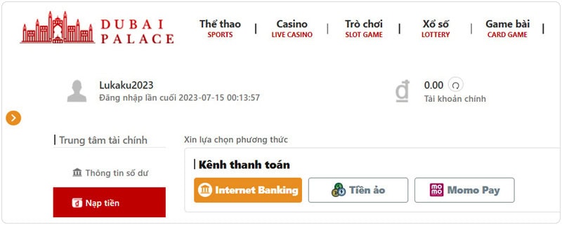 Chọn phương thức gửi tiền Dubai Casin Internet Banking