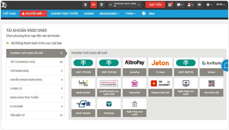 Chọn phương thức nạp tiền vào tài khoản cá cược Megapari