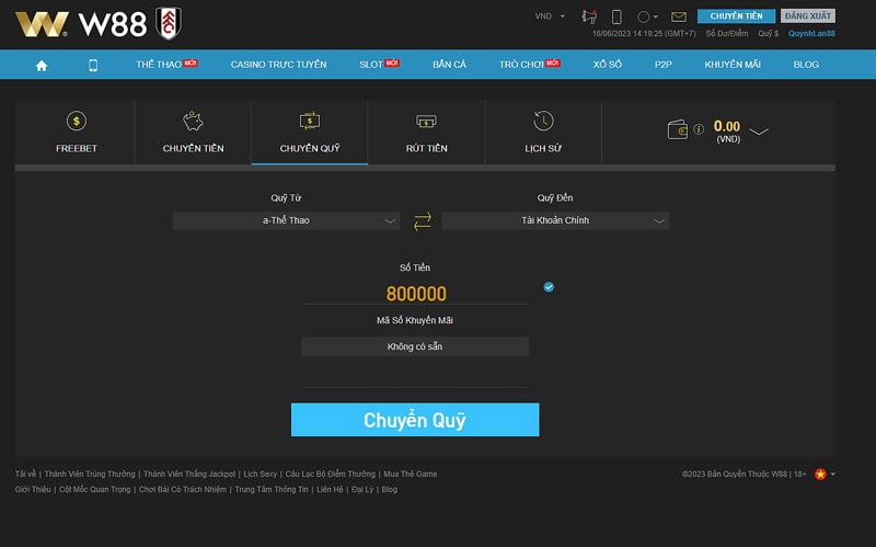 Trước khi rút tiền W88, bạn hãy chuyển quỹ như hình trên