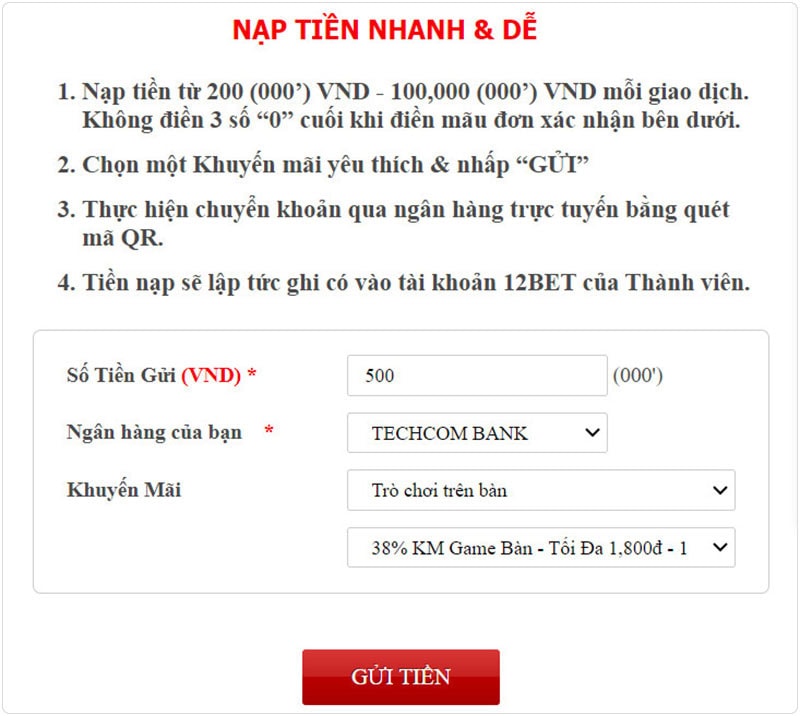 Chuyển tiền nhanh là hình thức được sử dụng để gửi tiền 12Bet