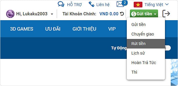 Đăng nhập và chọn mục rút tiền CMD368