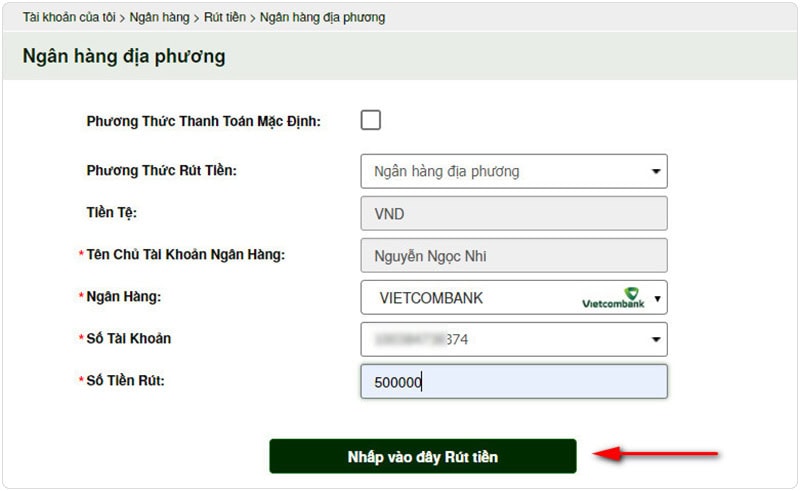 Điền đầy đủ thông tin rút tiền v9bet