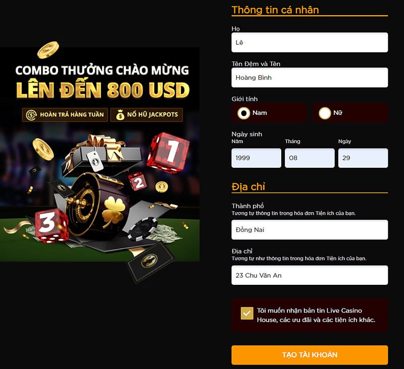 Điền thông tin cá nhân để đăng ký Live Casino House