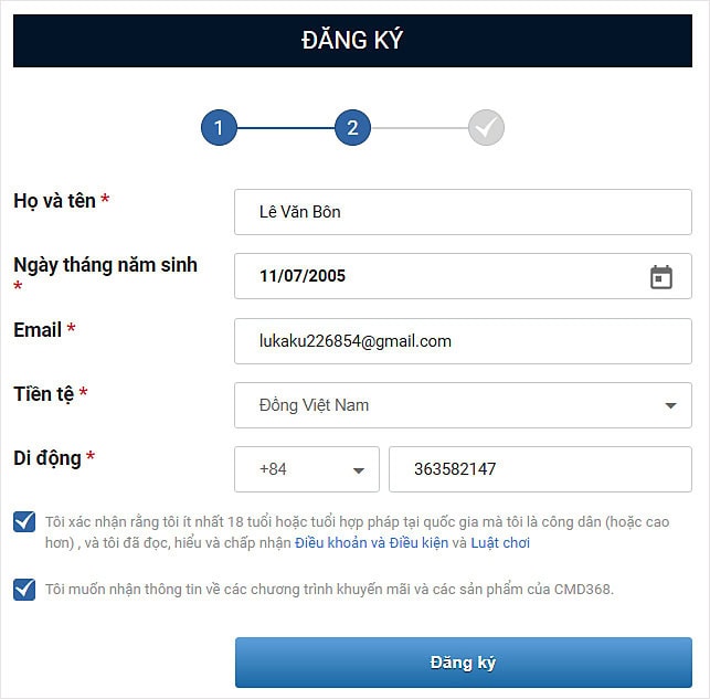 Điền thông tin cá nhân để lập tài khoản Cmd368