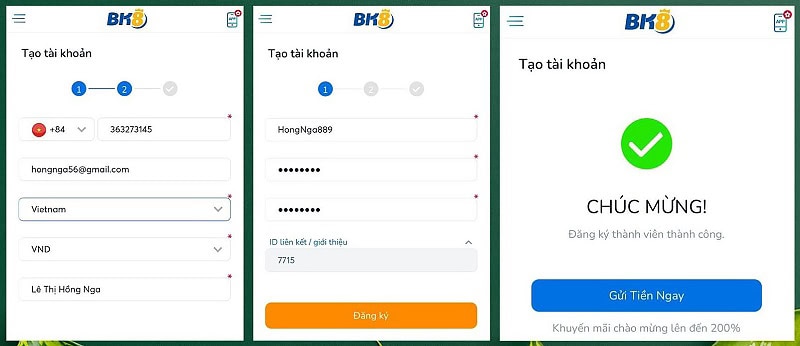 Nhập thông tin để lập tài khoản Bk8 trên di động