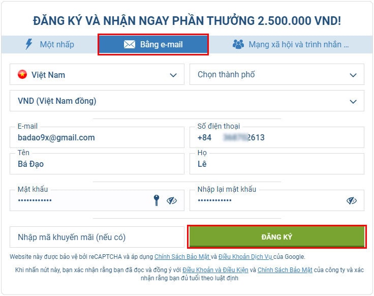 Điền thông tin đăng ký tài khoản 1Xbet