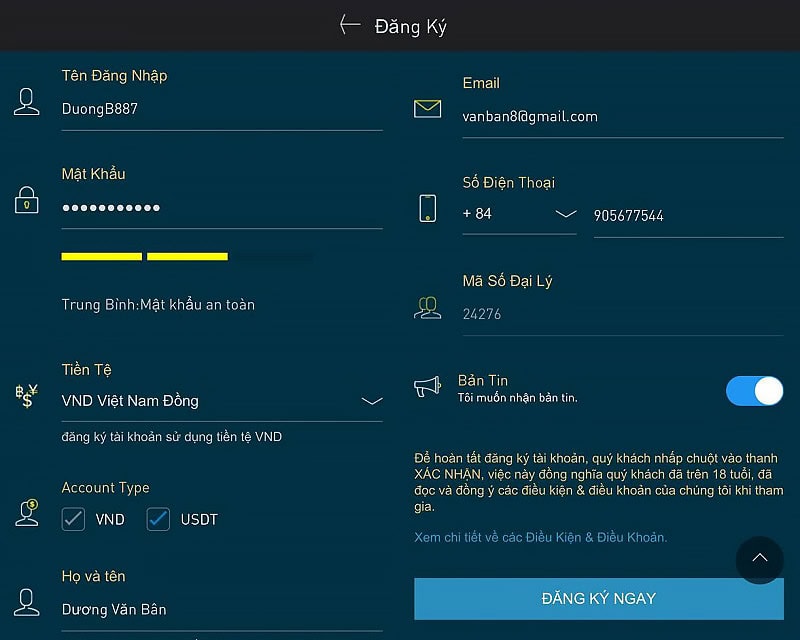 Điền đầy đủ thông tin để đăng ký W88