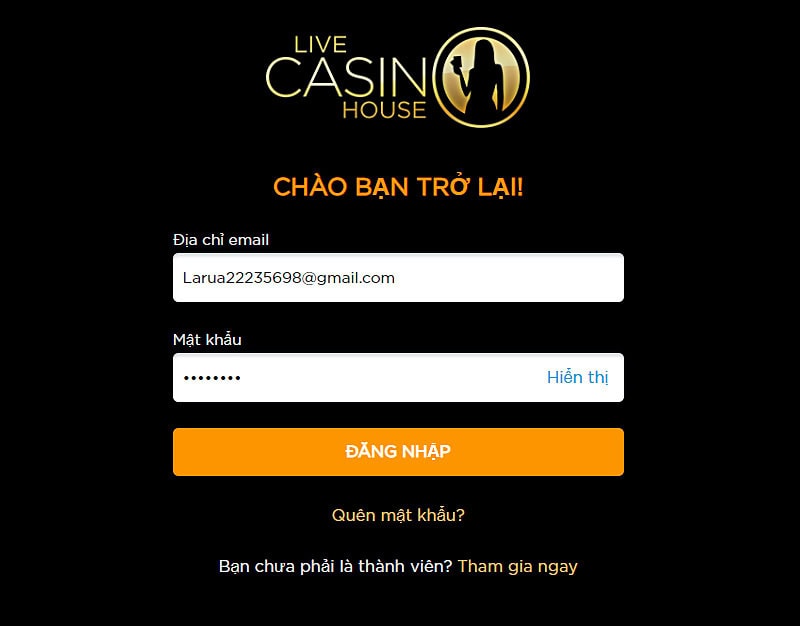 Điền thông tin live casino house đăng nhập và hoàn tất