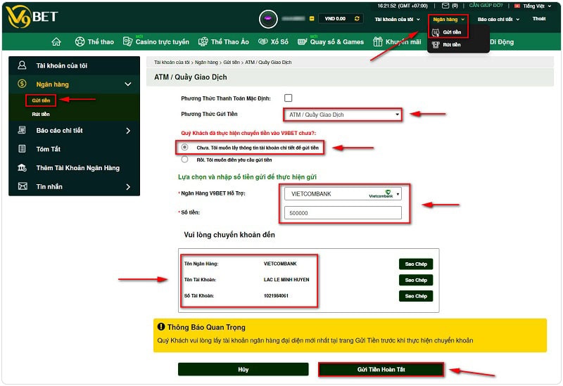 Điền thông tin giao dịch gửi tiền V9bet