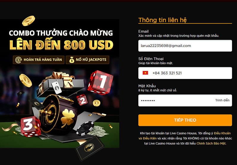 Điền thông tin tạo tài khoản Live Casino House