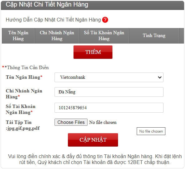 Điền thông tin tài khoản cá nhân để nạp tiền 12Bet