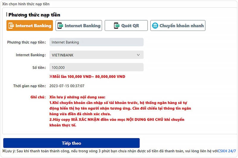 Nạp tiền Dubai Casino qua Internet Banking