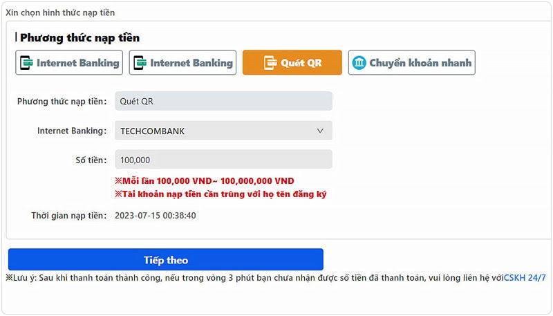 Nạp tiền Dubai Casino thông qua quét mã QR