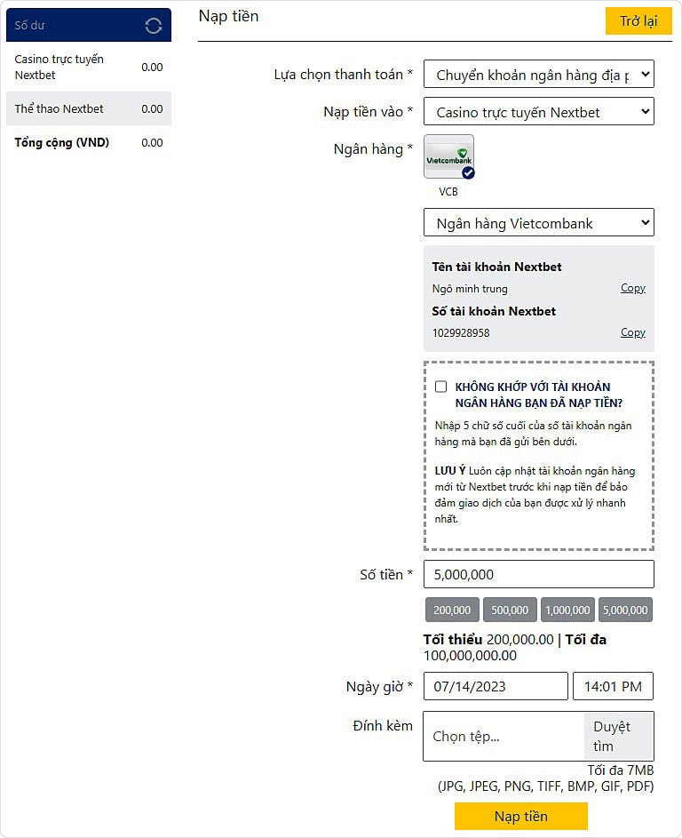 Điền các thông tin theo hướng dẫn nạp tiền Nextbet