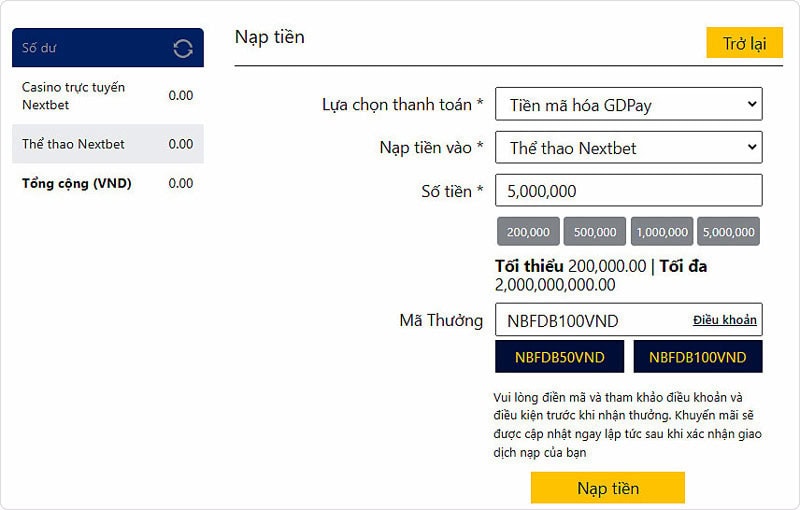 Huớng dẫn cách nạp tiền vào Nextbet qua GD Pay