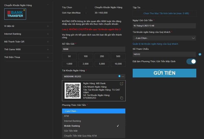 Tiến hành nhập thông tin để nạp tiền w88 qua ngân hàng địa phương
