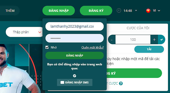 Nhấn chọn đăng nhập 22Bet và điền đầy đủ thông tin