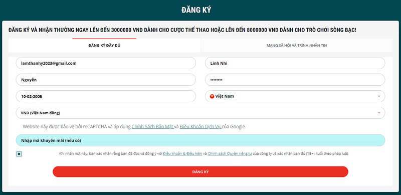 Nhập đầy đủ thông tin đăng ký 22Bet