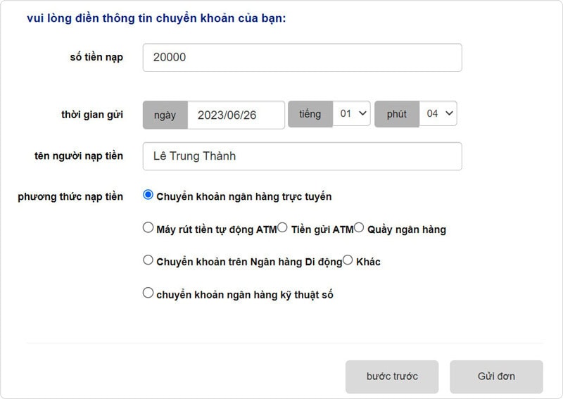 Nhập thông tin gửi tiền shbet