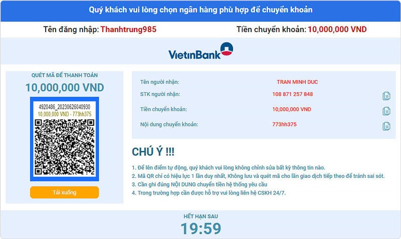 Quét mã QR để nạp tiền