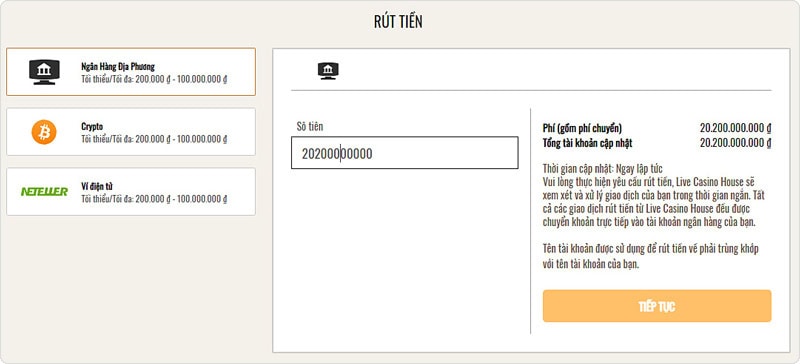 Rút tiền Live Casino House qua ngân hàng địa phương