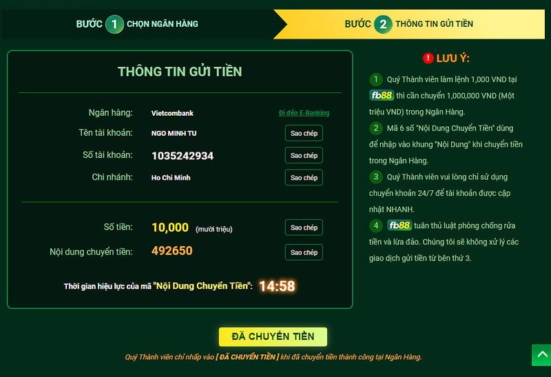 Chuyển tiền Fb88 tiện lợi qua Internet Banking