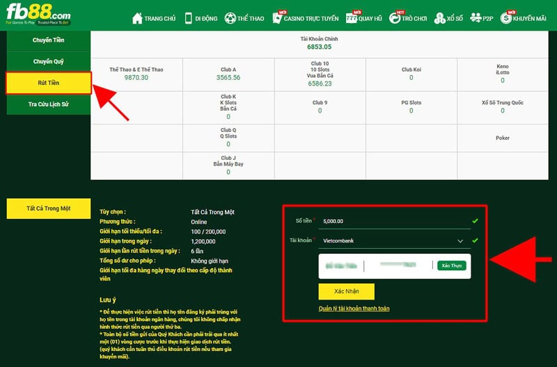 Quá trình fb88 rút tiền về ngân hàng chi tiết