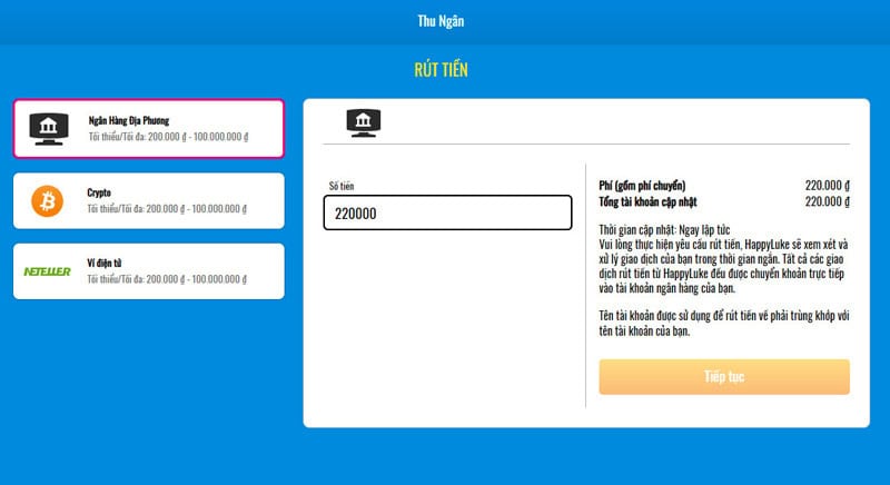 Các phương thức rút tiền Happyluke