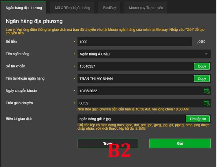 Điền thông tin nạp tiền tài khoản Betway