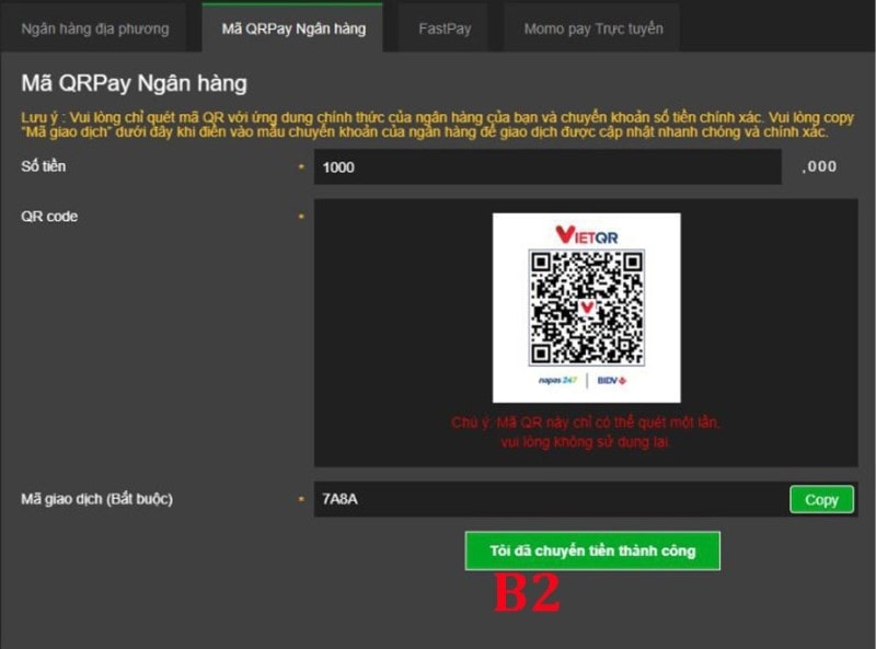 Quét mã QR để gửi tiền Betway