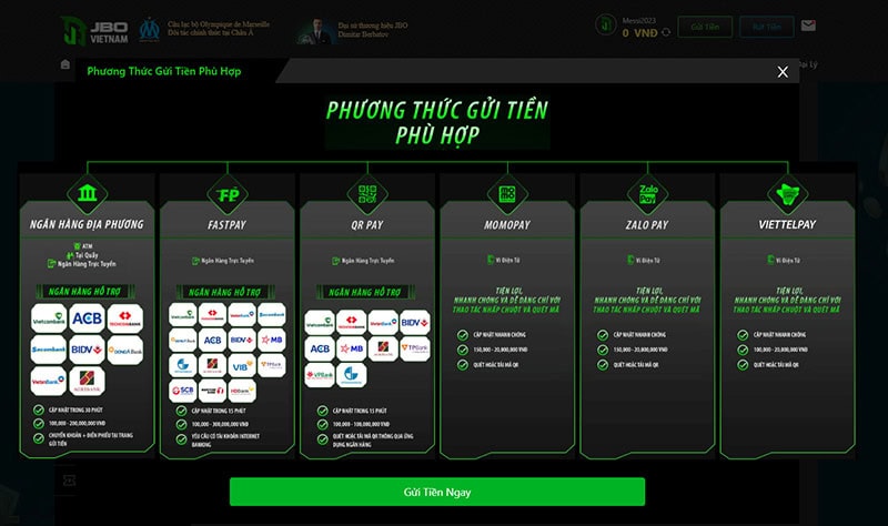 Các phương thức nạp tiền JBO cung cấp