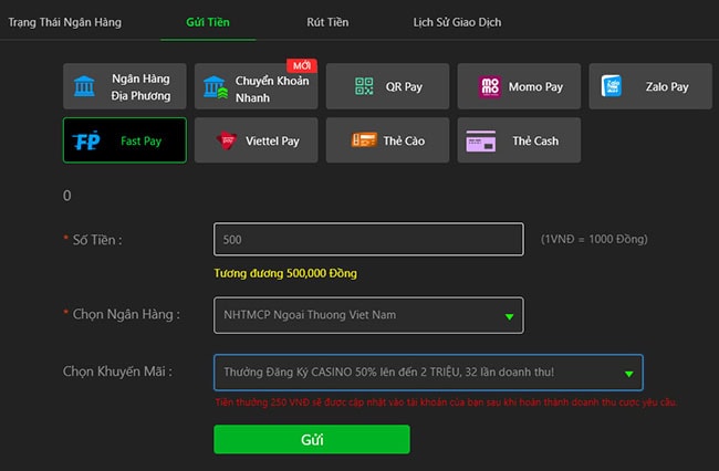 Giao dịch gửi tiền JBO bằng FastPay