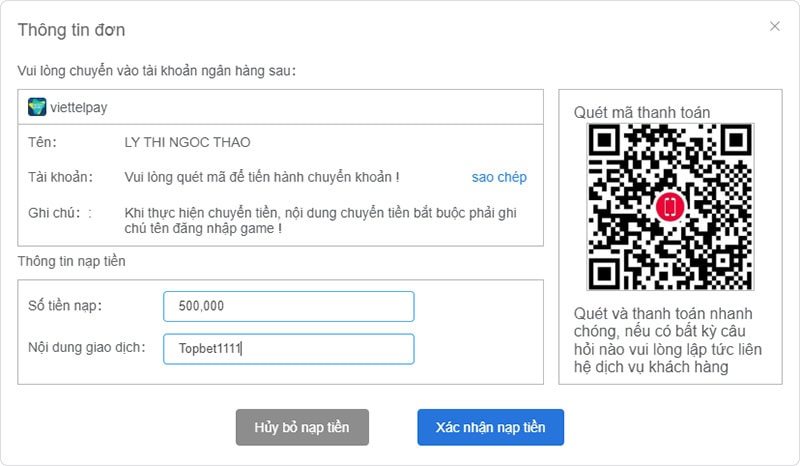 Nạp tiền vào QH88 bằng ViettelPay