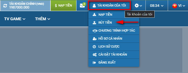 Chọn vào mục "Tài khoản của tôi" để bắt đầu rút tiền 1Xbet