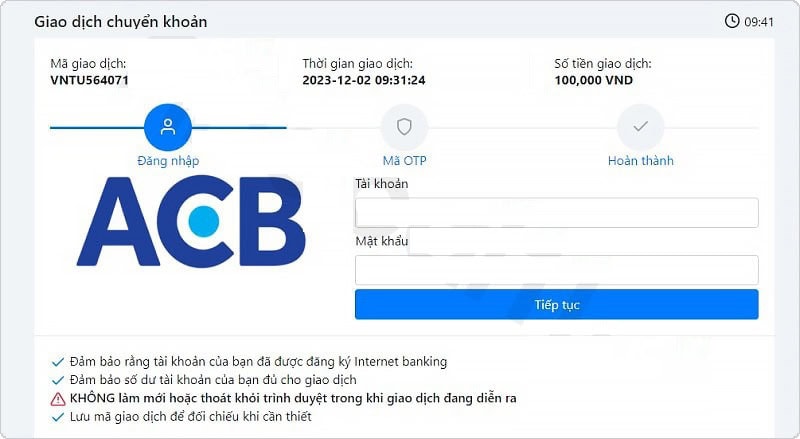 Đăng nhập vào tài khoản ngân hàng để nạp tiền BetWinner