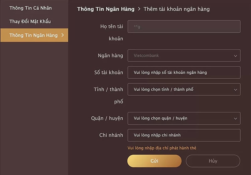 Điền đầy đủ thông tin tài khoản ngân hàng để rút tiền K8 